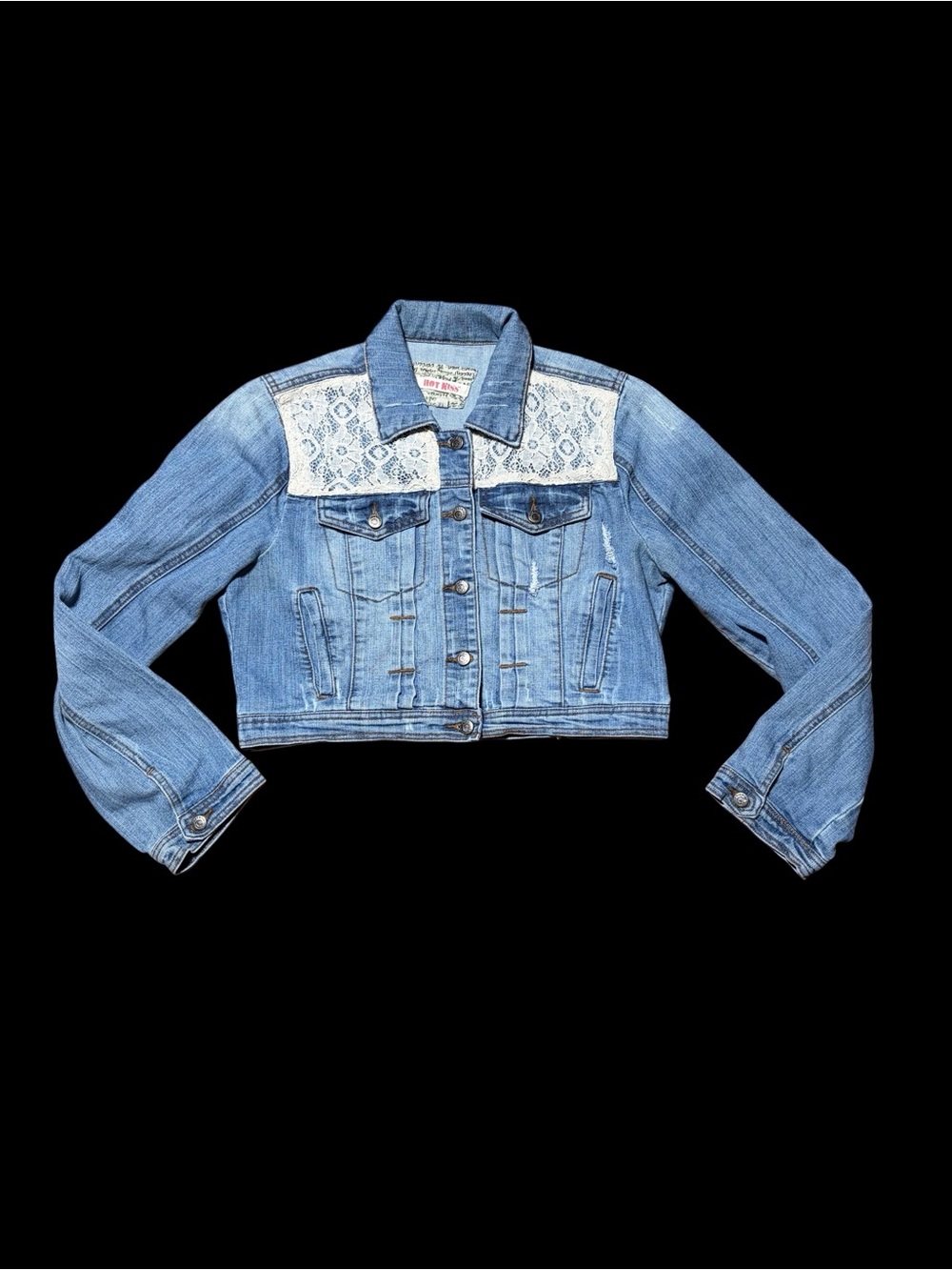 Hot Kiss Light Blue Denim Cropped Jacket with White Lace Yoke